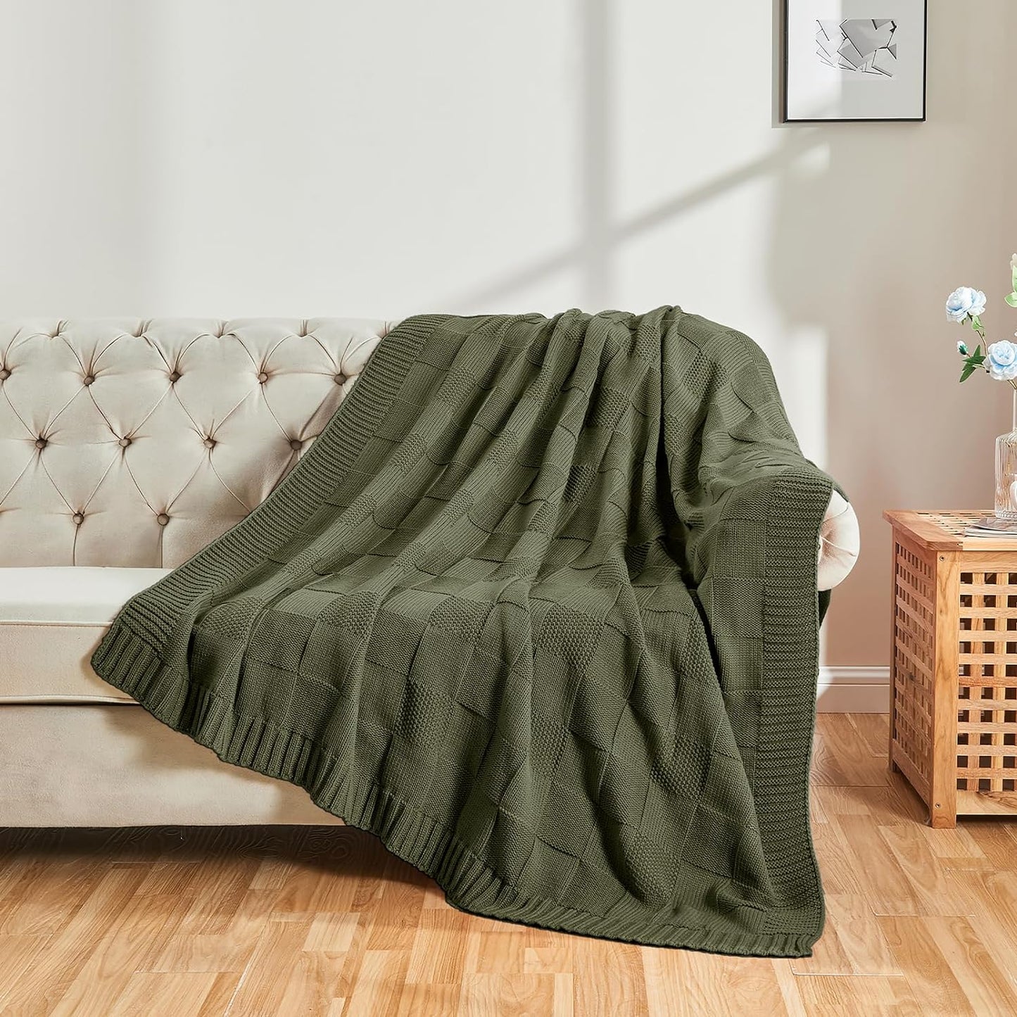 Olive Green Checkered KnitThrow Blanket