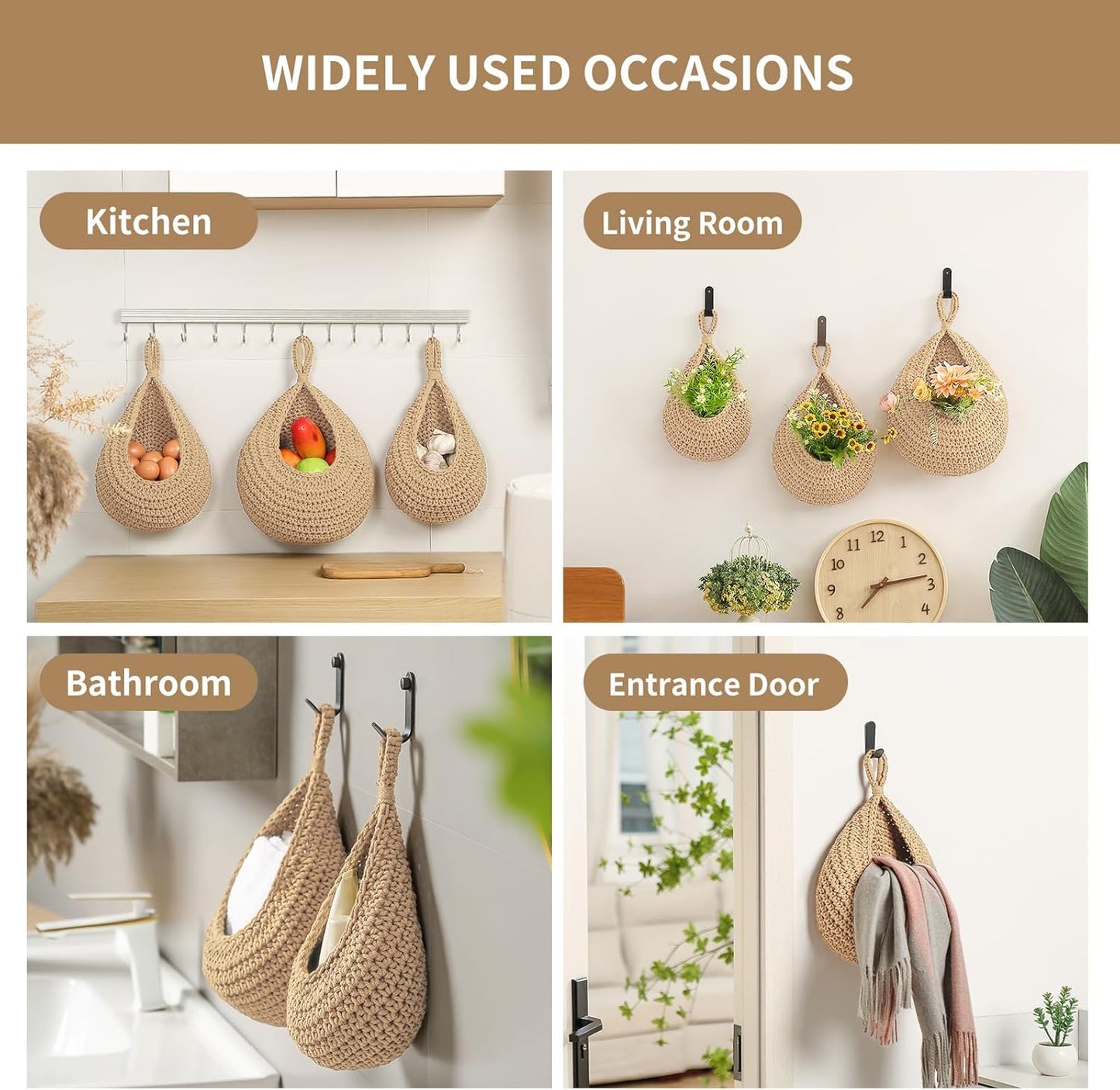 Boho Wall Hanging Fruit Baskets for Kitchen 3 Pack