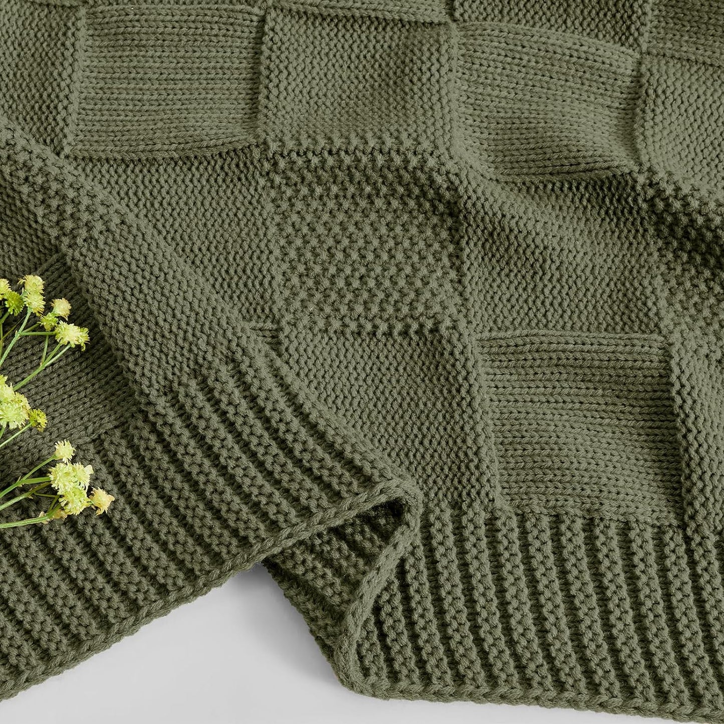 Olive Green Checkered KnitThrow Blanket