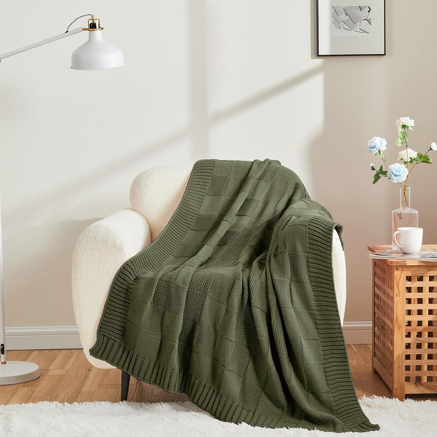 Olive Green Checkered KnitThrow Blanket