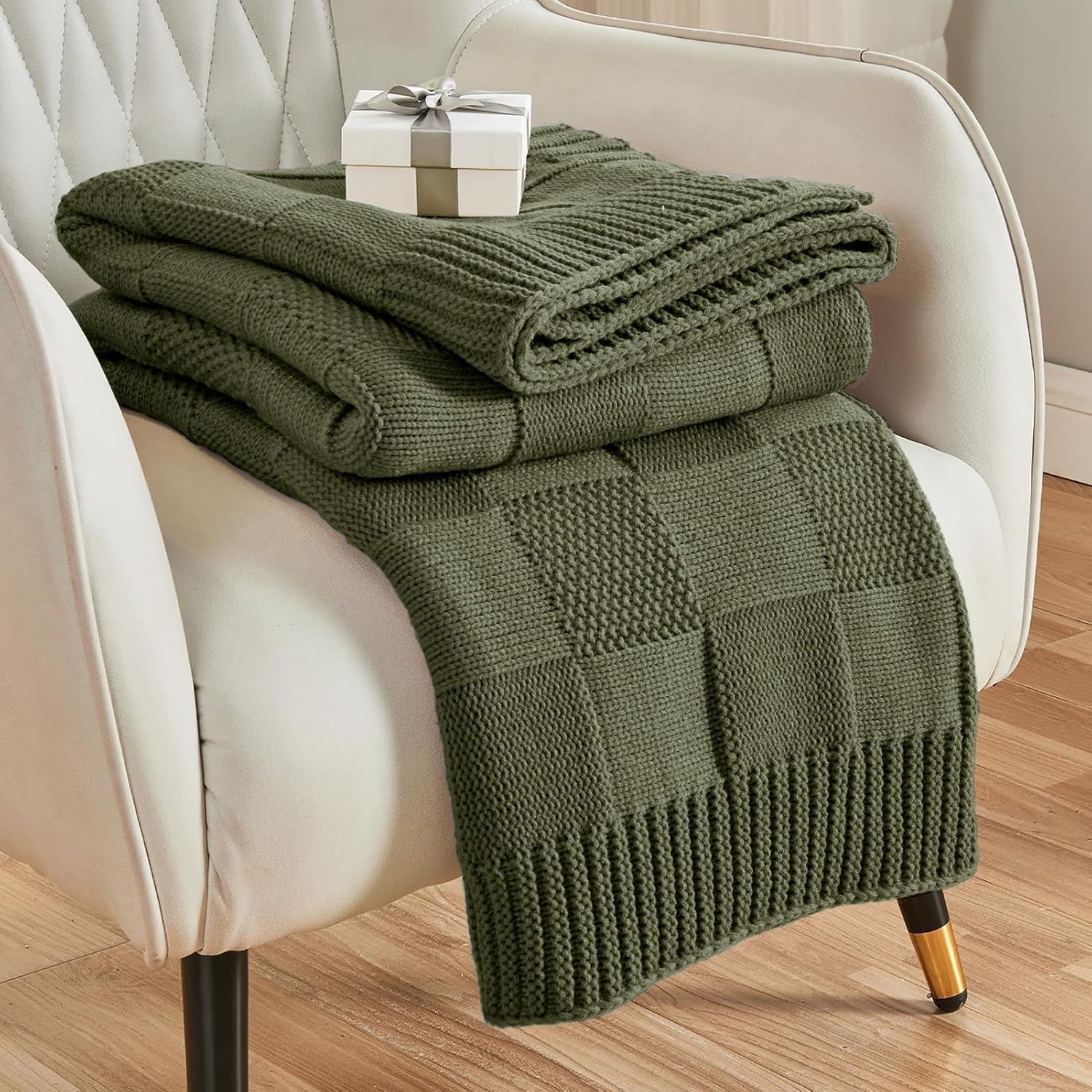 Olive Green Checkered KnitThrow Blanket