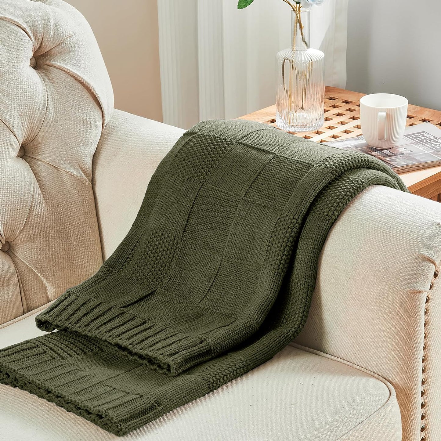 Olive Green Checkered KnitThrow Blanket