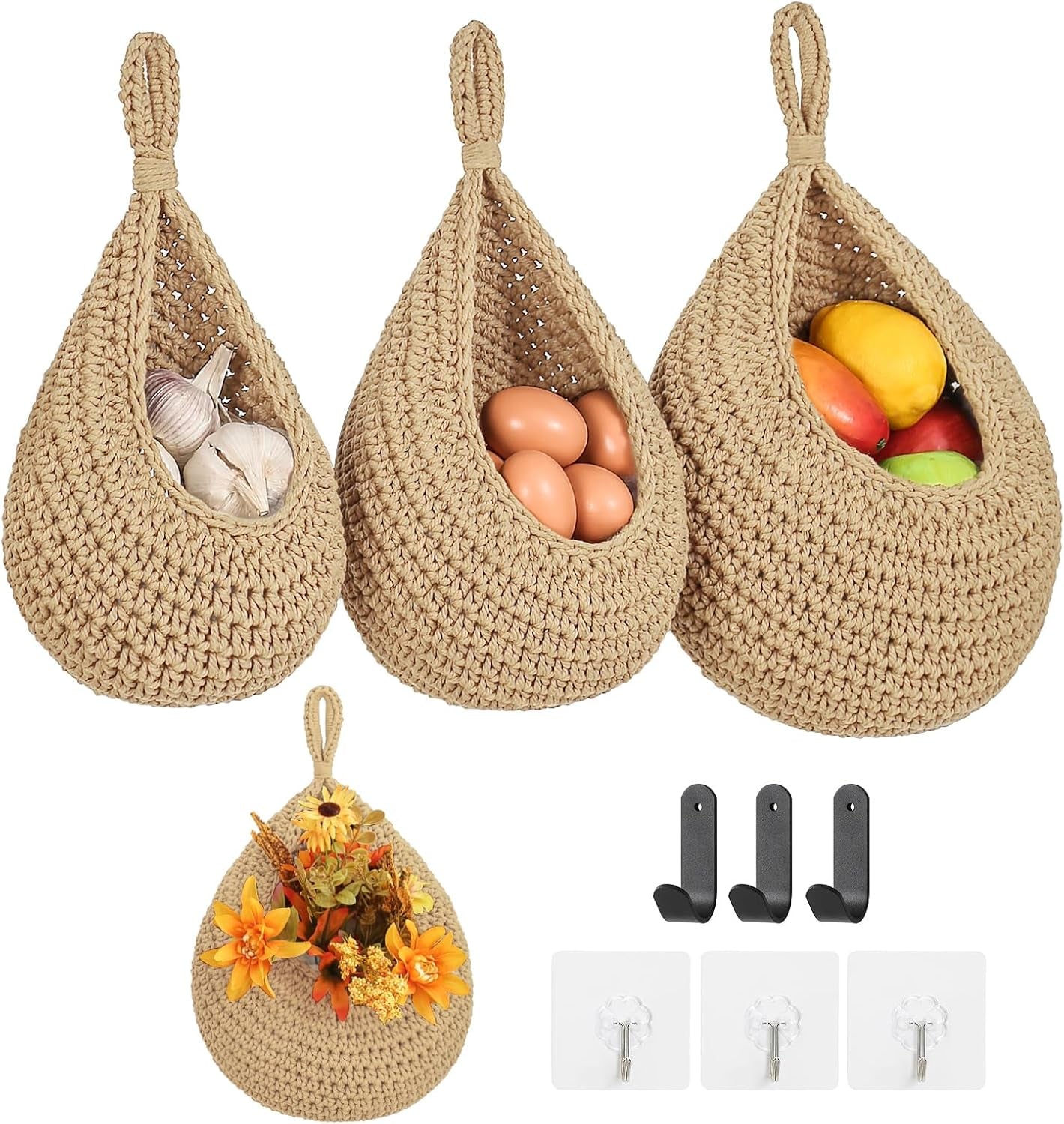 Boho Wall Hanging Fruit Baskets for Kitchen 3 Pack