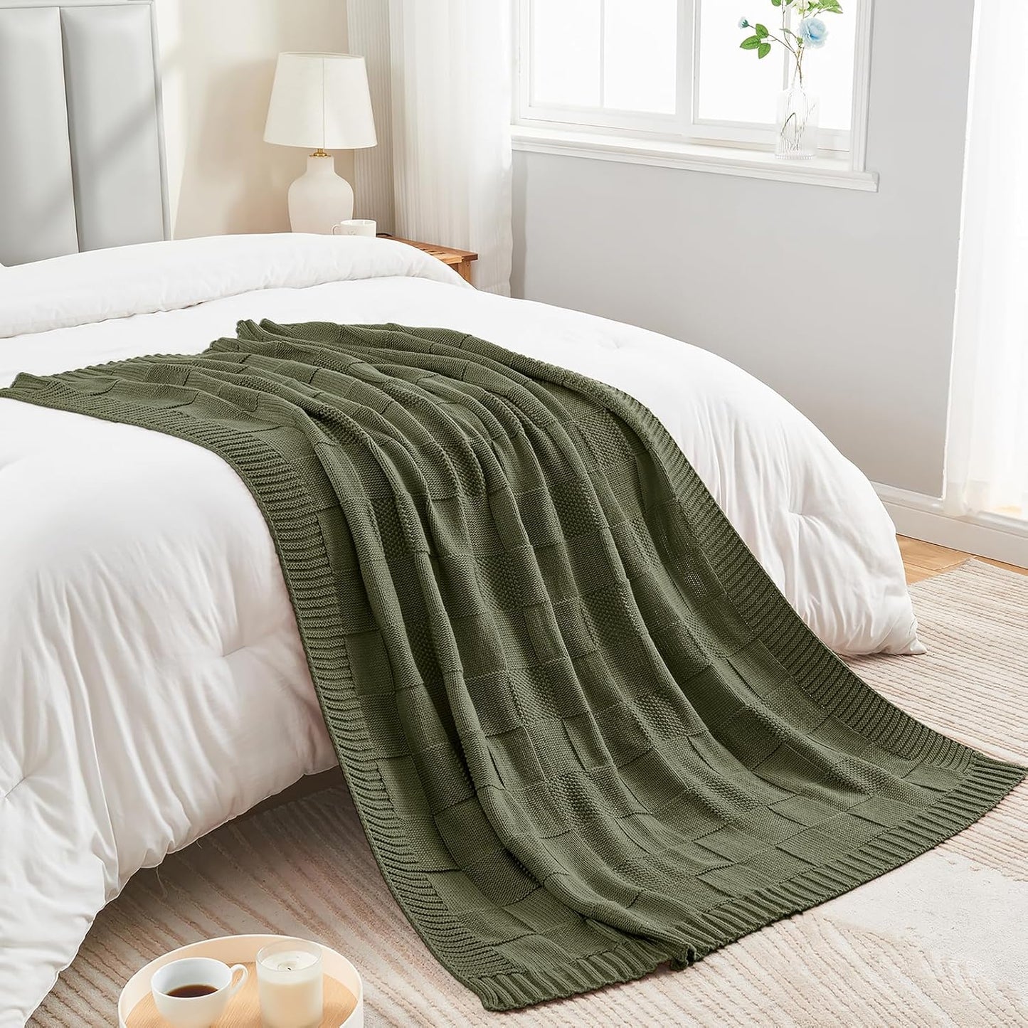 Olive Green Checkered KnitThrow Blanket